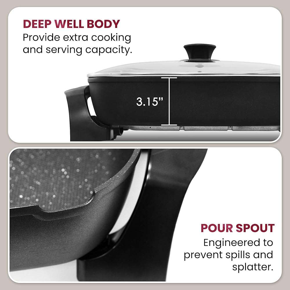 Elite Gourmet EG-6203# Extra Deep 16"x13" (10.5 Qt.) Non-Stick Electric Skillet with Glass Vented Lid & Pour Spout | Dishwasher Safe, Long-Lasting Non-Stick, 200-400°F | Serves 6-8, Black - Image 5