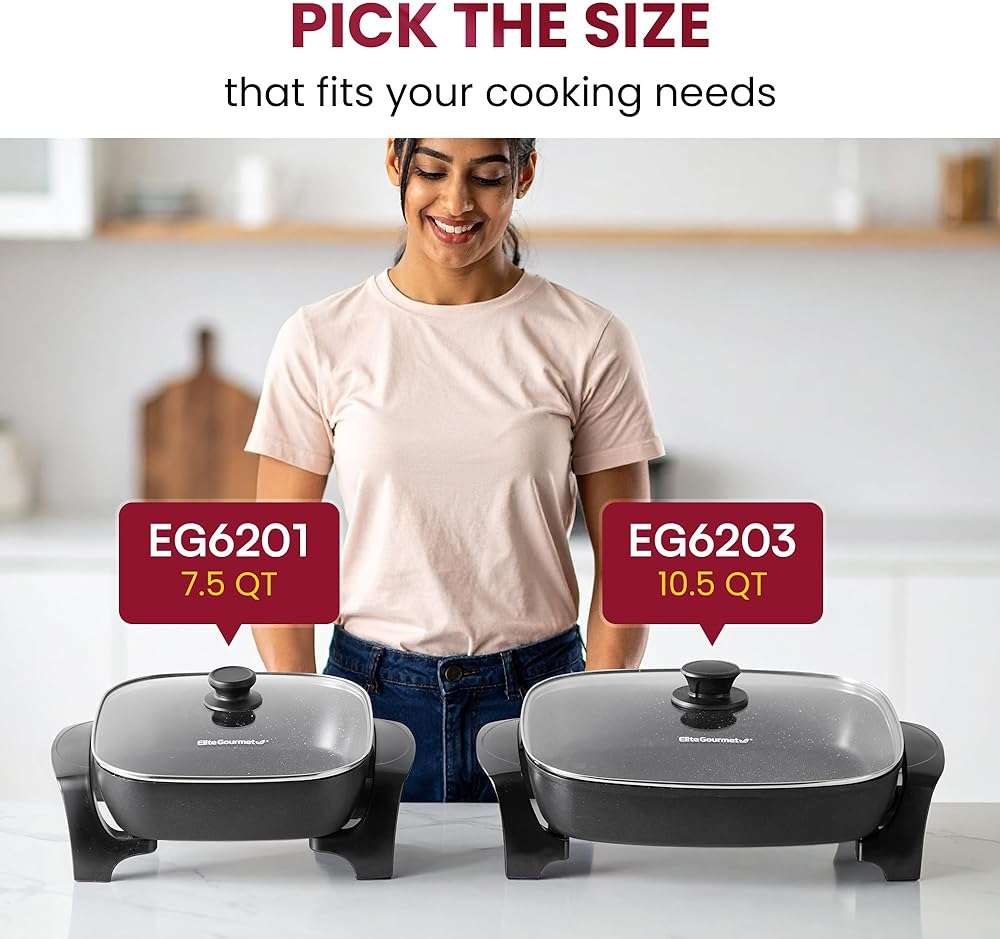 Elite Gourmet EG-6203# Extra Deep 16"x13" (10.5 Qt.) Non-Stick Electric Skillet with Glass Vented Lid & Pour Spout | Dishwasher Safe, Long-Lasting Non-Stick, 200-400°F | Serves 6-8, Black - Image 7
