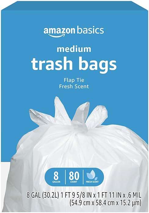 Amazon Basics 8 Gallon Flap Tie Trash Bags, Fresh Scent, 80 Count - Image 1
