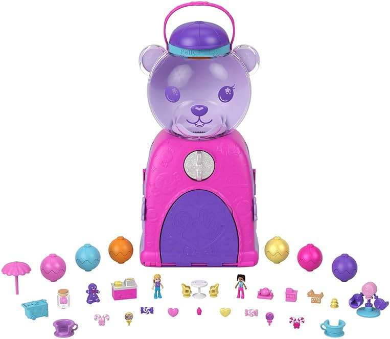 Polly Pocket Travel Toy, Gumball Bear Playset with 2 Micro Dolls & 26 Surprise Accessories, Animal Toy Compact - Image 1