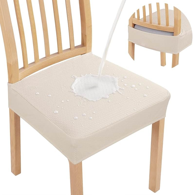 Smiry Waterproof Seat Covers for Dining Room Chairs Set of 4, Stretch Jacquard Removable Washable Chair Seat Slipcovers Protector, No Rear Covers, Beige - Product Image
