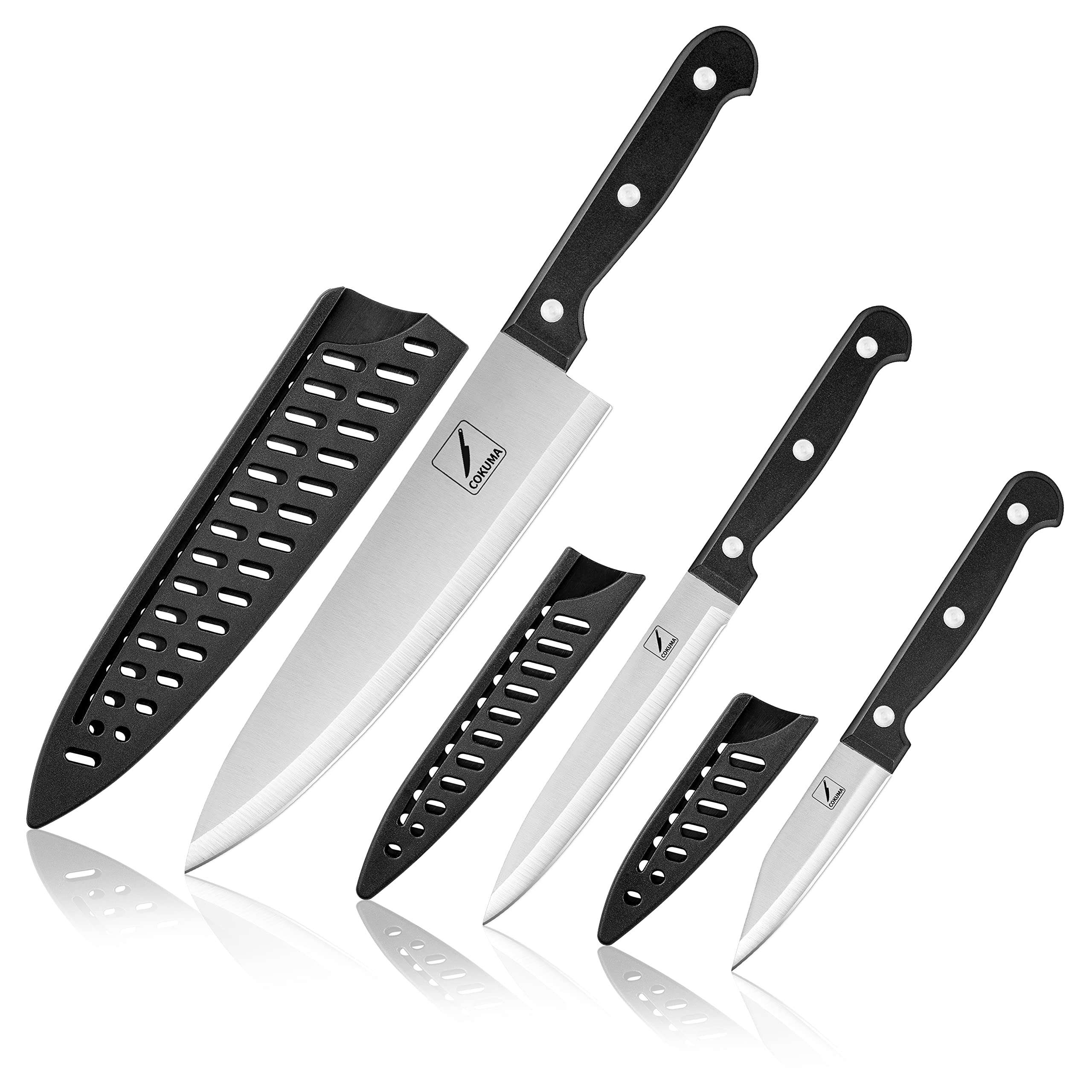 COKUMA Kitchen Knife, 3-Pcs Knife Set With Sheath, 8 Inch Chef Knife, 4.5 Inch Utility Knife, 4 Inch Paring Chef Knife, Stainless Steel, Black - Image 1