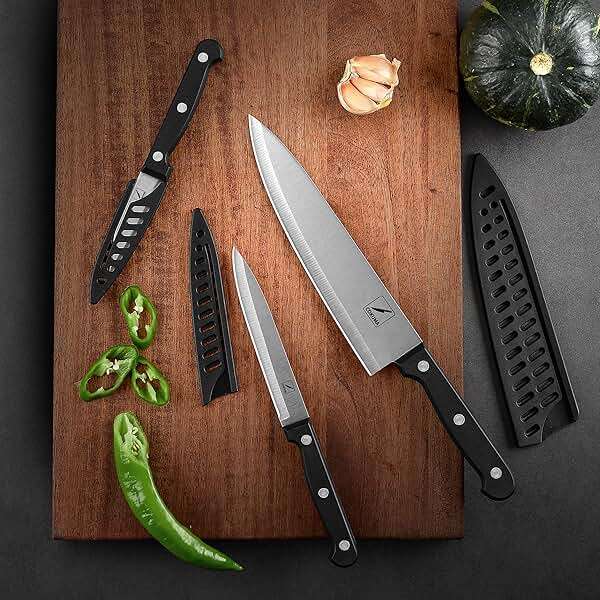 COKUMA Kitchen Knife, 3-Pcs Knife Set With Sheath, 8 Inch Chef Knife, 4.5 Inch Utility Knife, 4 Inch Paring Chef Knife, Stainless Steel, Black - Image 2