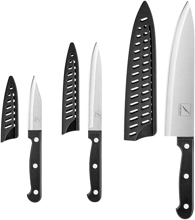 COKUMA Kitchen Knife, 3-Pcs Knife Set With Sheath, 8 Inch Chef Knife, 4.5 Inch Utility Knife, 4 Inch Paring Chef Knife, Stainless Steel, Black - Image 3