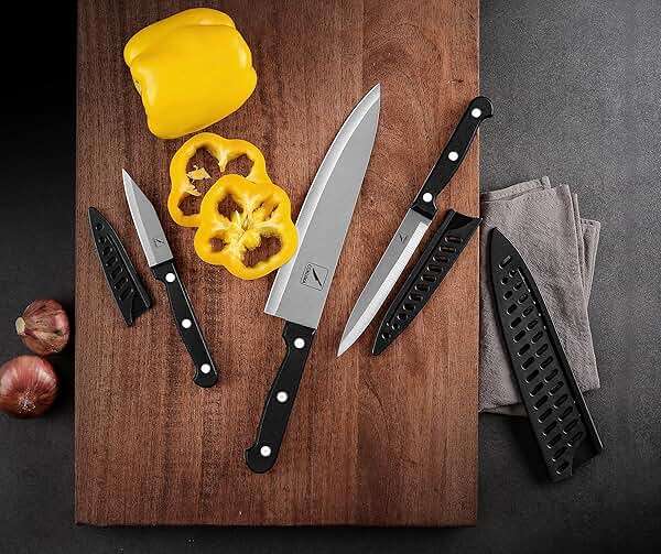 COKUMA Kitchen Knife, 3-Pcs Knife Set With Sheath, 8 Inch Chef Knife, 4.5 Inch Utility Knife, 4 Inch Paring Chef Knife, Stainless Steel, Black - Image 5