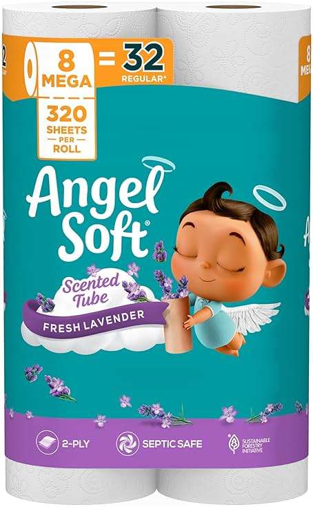 Angel Soft Toilet Paper with Fresh Lavender Scented Tube, 8 Mega Rolls = 32 Regular Rolls, Soft and Strong Toilet Tissue - Image 1
