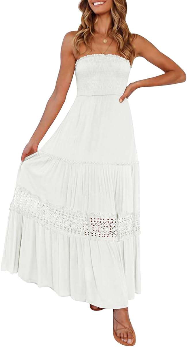 ZESICA Women's 2026 Summer Boho Maxi Dresses Strapless Off Shoulder Lace Flowy A Line Beach Vacation Long Sundress - Image 1