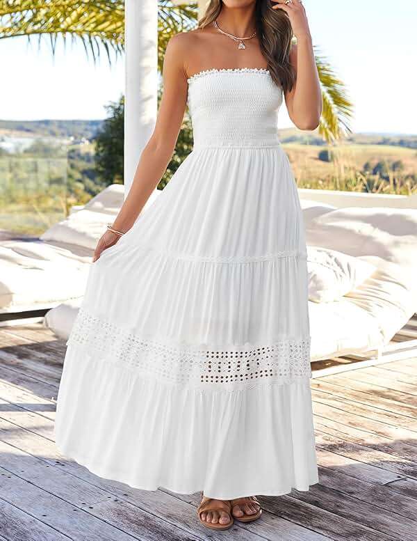 ZESICA Women's 2026 Summer Boho Maxi Dresses Strapless Off Shoulder Lace Flowy A Line Beach Vacation Long Sundress - Image 9
