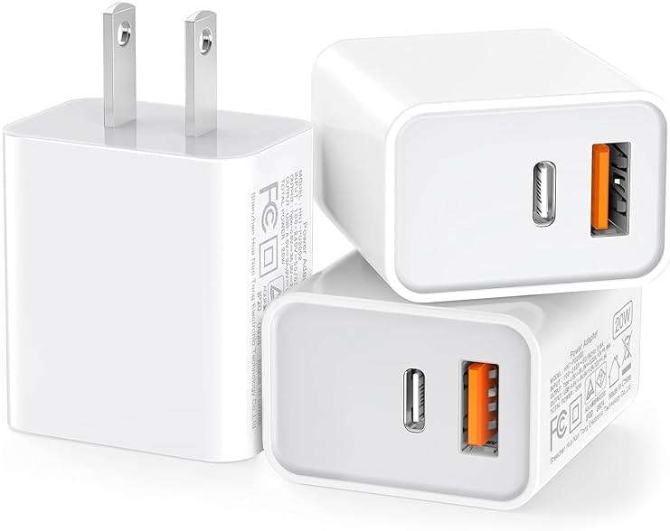 3 Pack USB C Wall Charger, 20W Durable Dual Port QC+PD 3.0 Power Adapter, Double Fast Plug Charging Block for iPhone 14/15/16/17 Pro/Pro Max/Plus, XS/XR/X, Watch Series 8/7 Cube, White - Image 1
