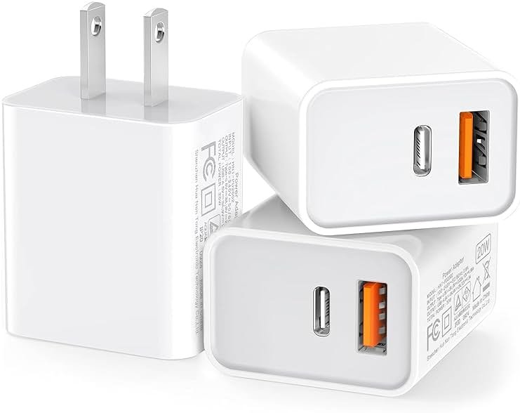 3 Pack USB C Wall Charger, 20W Durable Dual Port QC+PD 3.0 Power Adapter, Double Fast Plug Charging Block for iPhone 14/15/16/17 Pro/Pro Max/Plus, XS/XR/X, Watch Series 8/7 Cube, White - Product Image