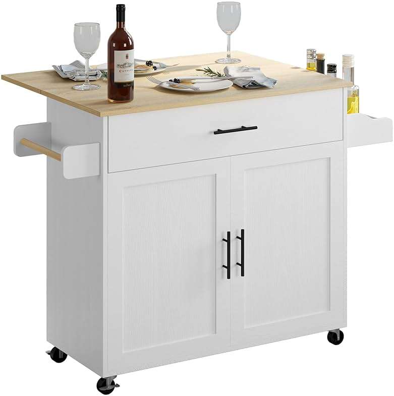 IRONCK Rolling Kitchen Island Table on Wheels with Drop Leaf, Storage Cabinet, Drawer, Spice/Towel Rack, Kitchen Cart, 47.25" Wide White - Image 1