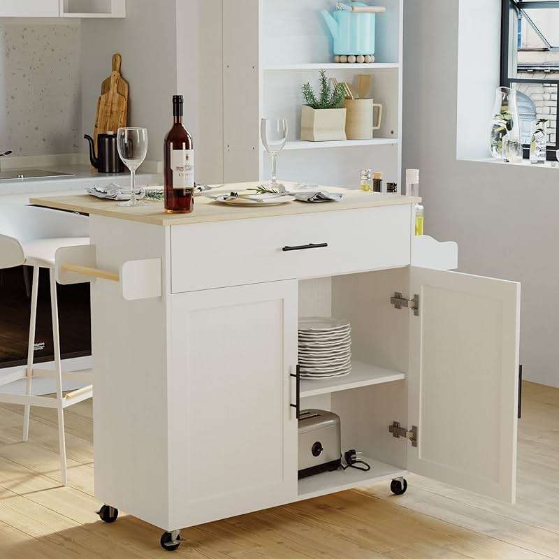 IRONCK Rolling Kitchen Island Table on Wheels with Drop Leaf, Storage Cabinet, Drawer, Spice/Towel Rack, Kitchen Cart, 47.25" Wide White - Image 2