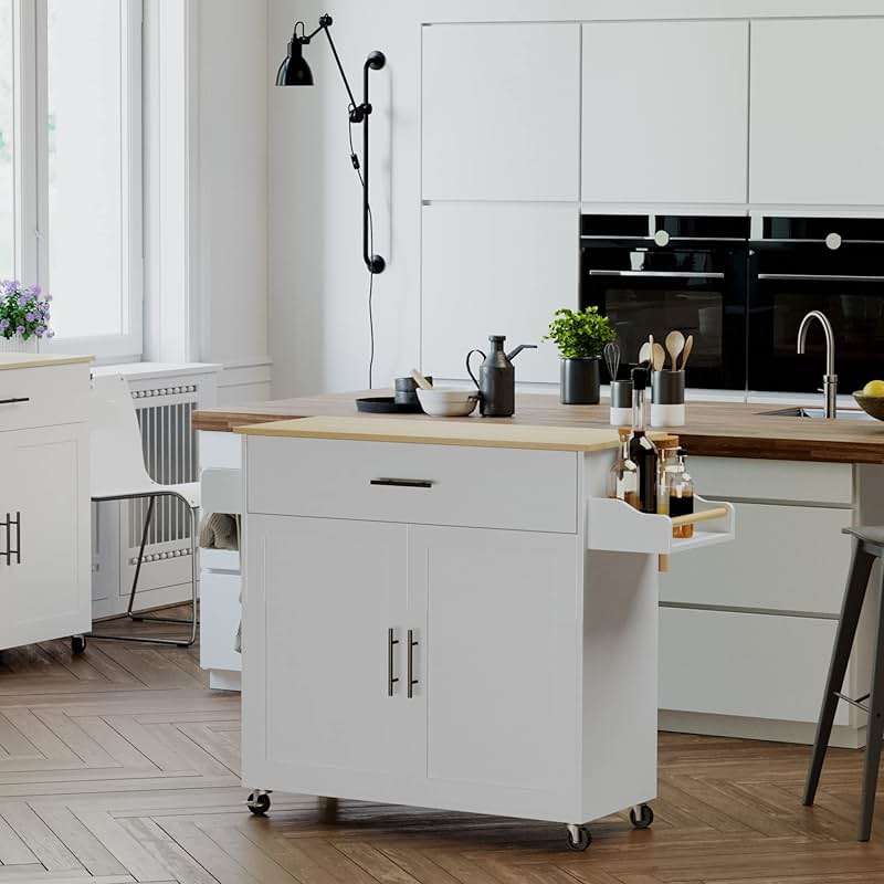 IRONCK Rolling Kitchen Island Table on Wheels with Drop Leaf, Storage Cabinet, Drawer, Spice/Towel Rack, Kitchen Cart, 47.25" Wide White - Image 8