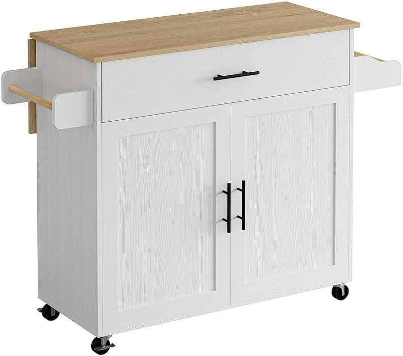 IRONCK Rolling Kitchen Island Table on Wheels with Drop Leaf, Storage Cabinet, Drawer, Spice/Towel Rack, Kitchen Cart, 47.25" Wide White - Image 9