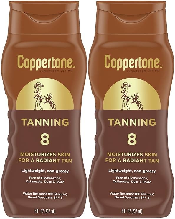Coppertone Sunscreen Tanning Lotion SPF 8, Lightweight and Non Greasy Sunscreen, Water Resistant, Oxybenzone Free, Sun Tan Lotion Moisturizes Skin for a Radiant Tan, 8 Fl Oz Bottle, Pack of 2 - Product Image