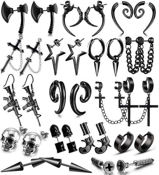 16 Pairs Stainless Steel Punk Y2K Black Dangle Earrings for Men, Axe Skull Screw Cone etc Huggie Hoop Long Chain Piercing Hoop Earrings Set for Unisex Earrings for Women - Image 1