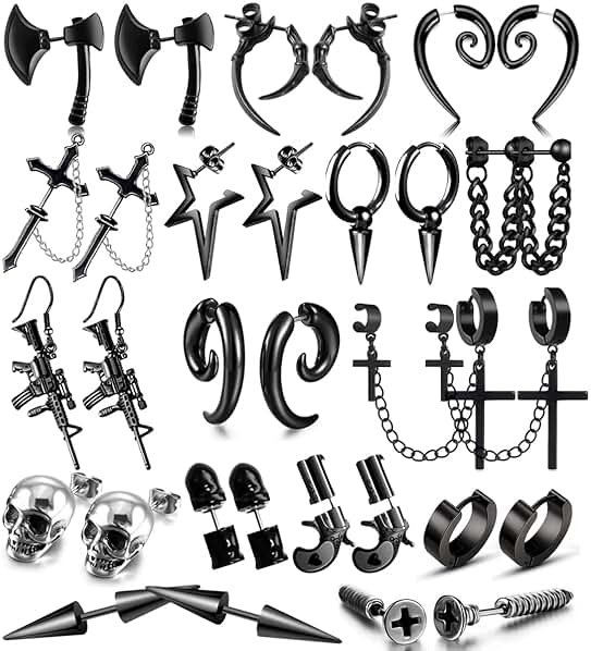 16 Pairs Stainless Steel Punk Y2K Black Dangle Earrings for Men, Axe Skull Screw Cone etc Huggie Hoop Long Chain Piercing Hoop Earrings Set for Unisex Earrings for Women - Product Image