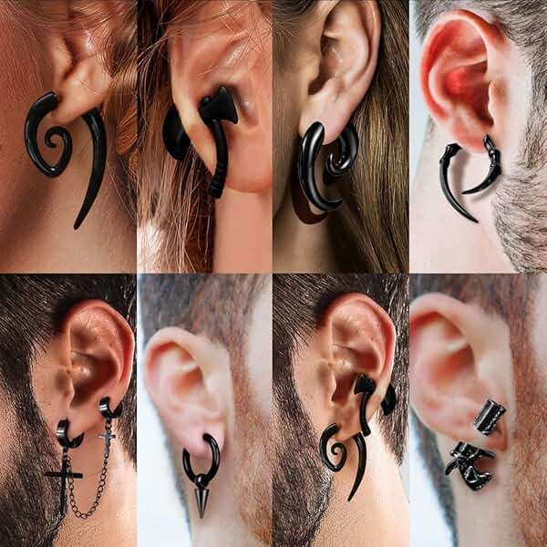 16 Pairs Stainless Steel Punk Y2K Black Dangle Earrings for Men, Axe Skull Screw Cone etc Huggie Hoop Long Chain Piercing Hoop Earrings Set for Unisex Earrings for Women - Image 3