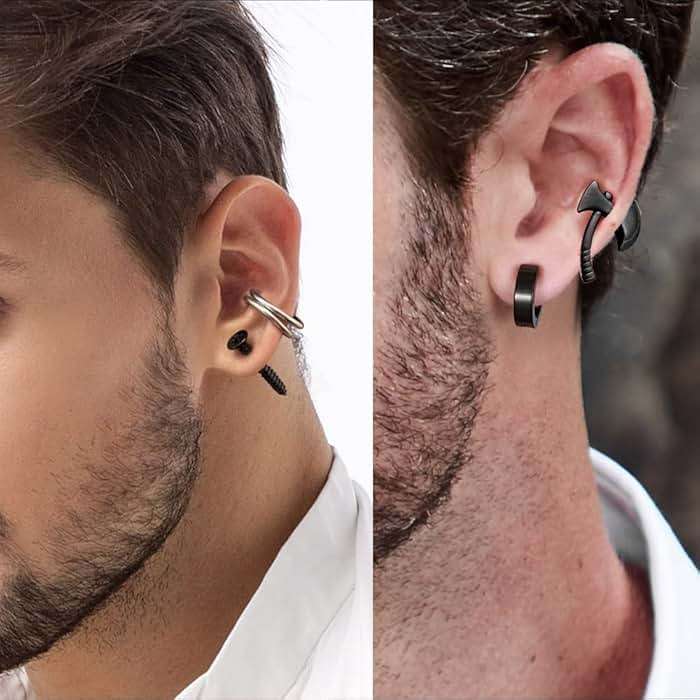 16 Pairs Stainless Steel Punk Y2K Black Dangle Earrings for Men, Axe Skull Screw Cone etc Huggie Hoop Long Chain Piercing Hoop Earrings Set for Unisex Earrings for Women - Image 4