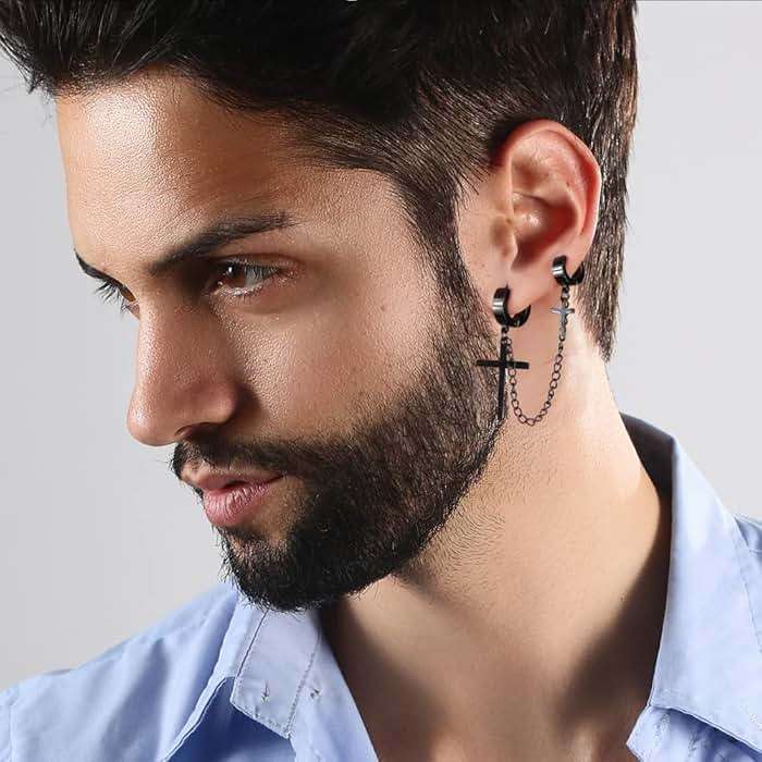 16 Pairs Stainless Steel Punk Y2K Black Dangle Earrings for Men, Axe Skull Screw Cone etc Huggie Hoop Long Chain Piercing Hoop Earrings Set for Unisex Earrings for Women - Image 5