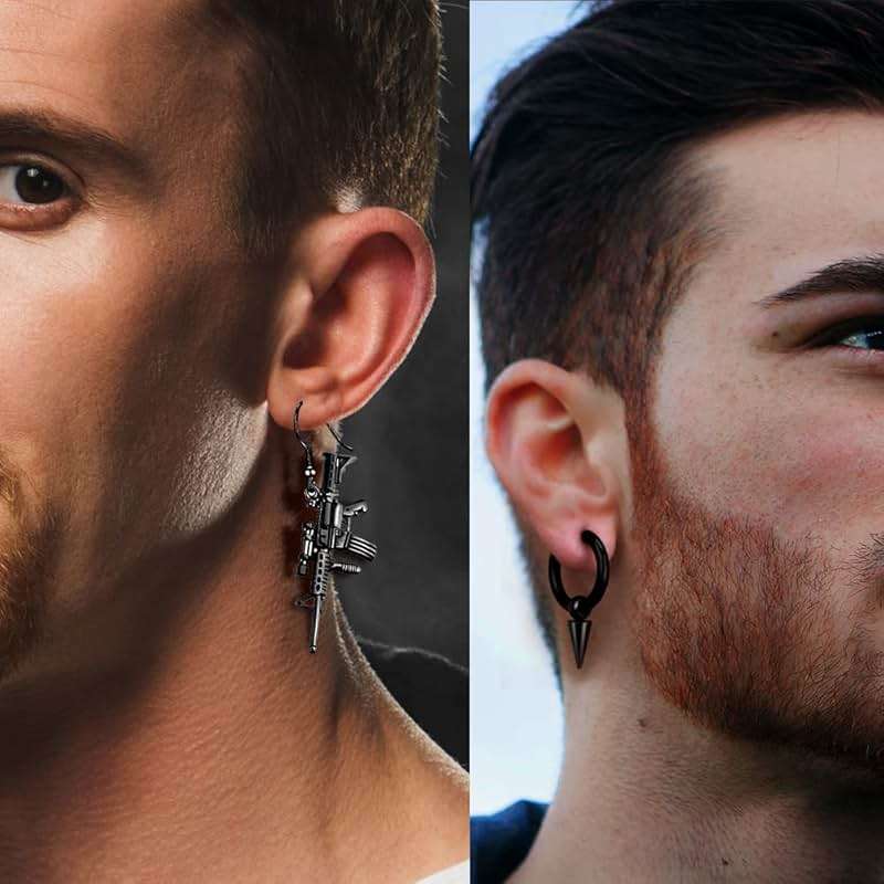 16 Pairs Stainless Steel Punk Y2K Black Dangle Earrings for Men, Axe Skull Screw Cone etc Huggie Hoop Long Chain Piercing Hoop Earrings Set for Unisex Earrings for Women - Image 7