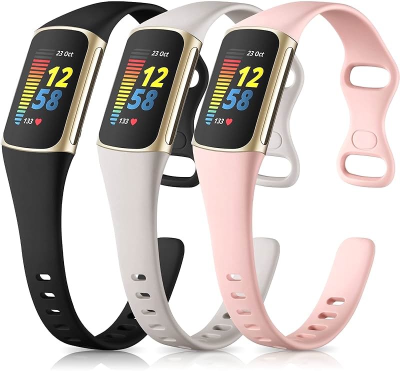 Maledan Slim Band Compatible with Fitbit Charge 5 Bands/Charge 6 Bands Women Men, Soft Silicone Adjustable Sport Band Wristbands for Fitbit Charge 5/Charge 6 Fitness Tracker, 3 Pack Black/Gray/Pink - Product Image