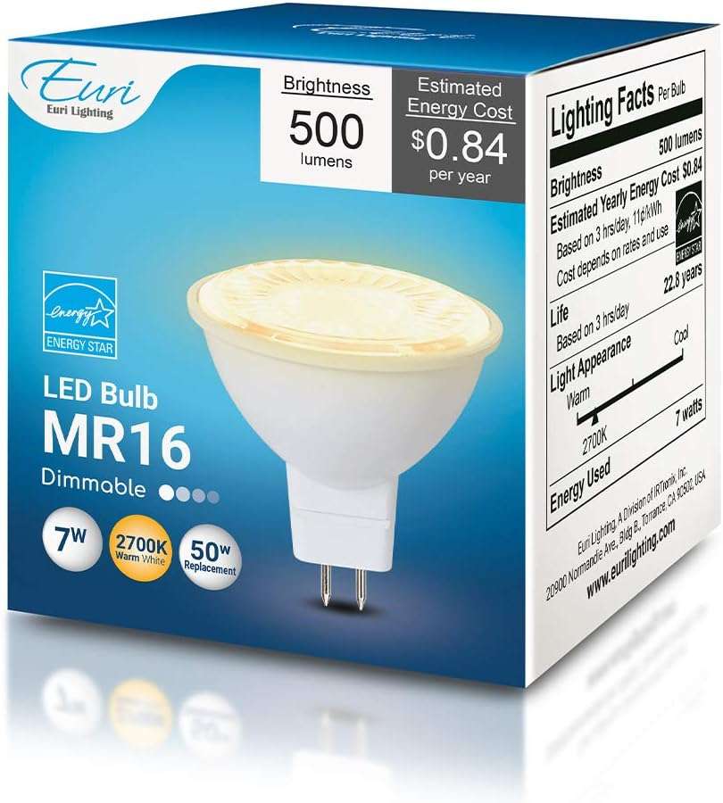 Euri Lighting EM16-7W4020ew Dimmable LED MR16 (GU5.3 Base), 7W (50W Equal) 500lm, Warm White (2700K), 80CRI, 40° Angle, 12V, Damp Rated UL, Energy Star 3YR 25K HR WTY, One Count - Image 7