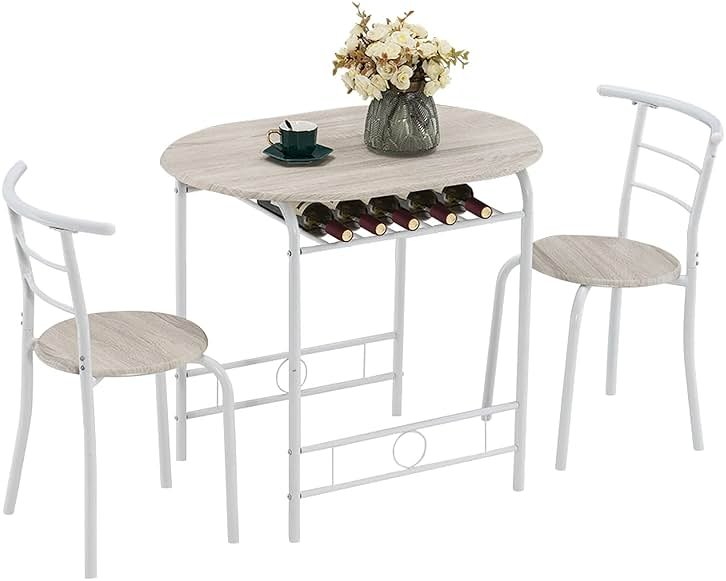VINGLI 3 Piece Dining Set,Small Kitchen Table Set for 2,Breakfast Table Set,Kitchen Wooden Table and 2 Chairs for Small Space/Dining Room/Apartment,Metal Frame,Wine Rack,White&Light Oak - Product Image