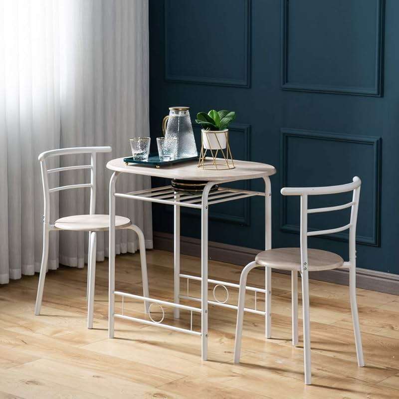 VINGLI 3 Piece Dining Set,Small Kitchen Table Set for 2,Breakfast Table Set,Kitchen Wooden Table and 2 Chairs for Small Space/Dining Room/Apartment,Metal Frame,Wine Rack,White&Light Oak - Image 2