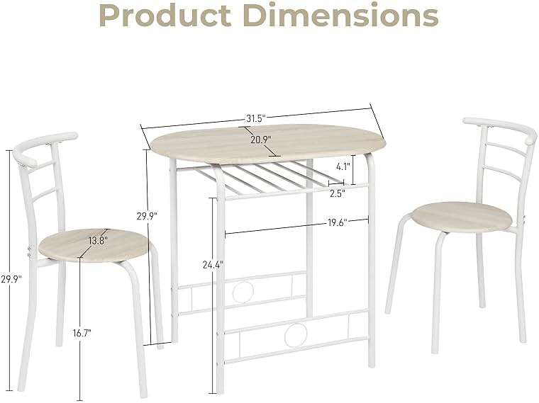 VINGLI 3 Piece Dining Set,Small Kitchen Table Set for 2,Breakfast Table Set,Kitchen Wooden Table and 2 Chairs for Small Space/Dining Room/Apartment,Metal Frame,Wine Rack,White&Light Oak - Image 3