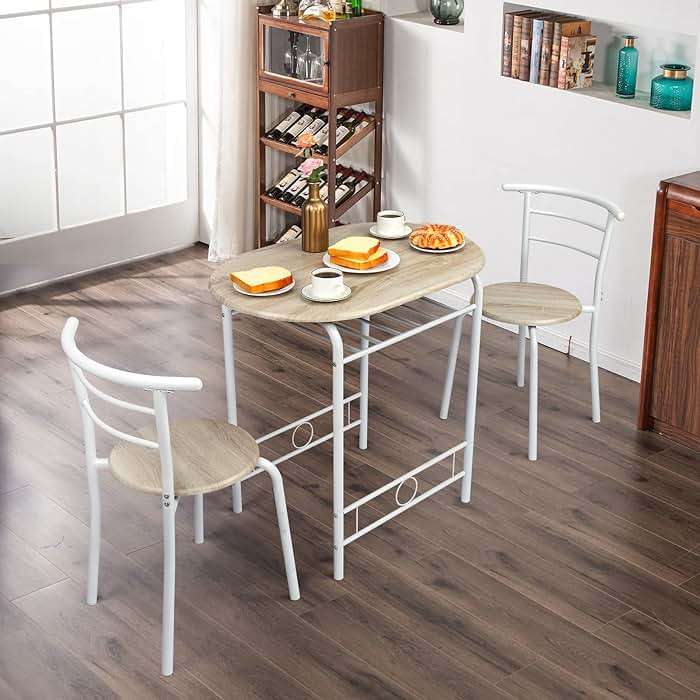 VINGLI 3 Piece Dining Set,Small Kitchen Table Set for 2,Breakfast Table Set,Kitchen Wooden Table and 2 Chairs for Small Space/Dining Room/Apartment,Metal Frame,Wine Rack,White&Light Oak - Image 8