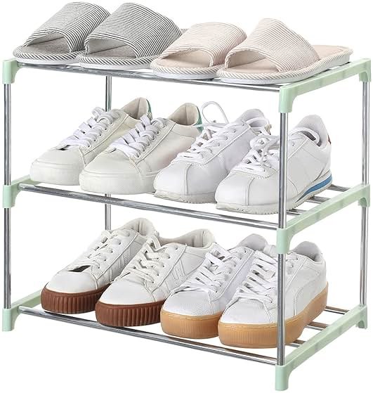 Jucaifu Stackable Small Shoe Rack, Entryway, Hallway and Closet Space Saving Storage and Organization (3-Tier, Green) - Product Image