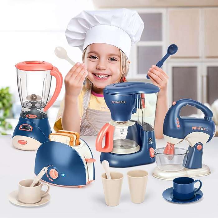 Yalujumb Play Kitchen Accessories, Kitchen Appliances Toy with Coffee Maker,Blender, Mixer ,Toaster with Realistic Lights&Sounds,Kitchen Toys for Kids Ages 4-8 - Image 2