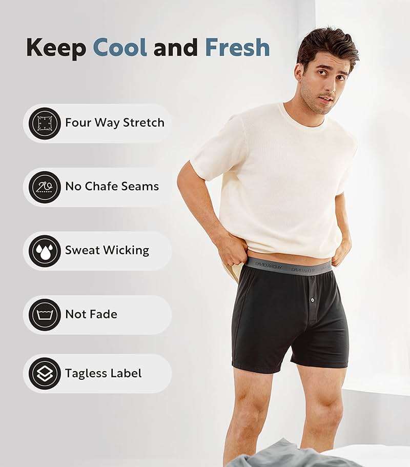 DAVID ARCHY Men's Bamboo Rayon Boxers Breathable Cooling Mens Boxer Shorts with Button Fly Relaxed Fit Underwear 3/4/5 Pack - Image 3