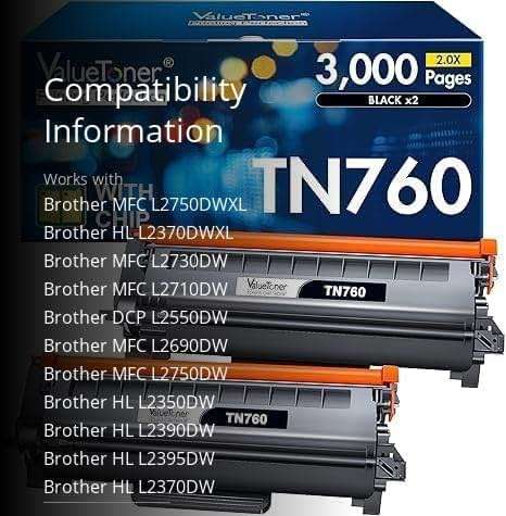TN760 Toner for Brother Printer Compatible for Brother TN760 TN730 Toner TN-730/TN-760 use with HL-L2350DW HL-L2395DW HL-L2390DW HL-L2370DW MFC-L2690DW L2750DW L2710DW L2550DW Printer (2 Black) - Image 3