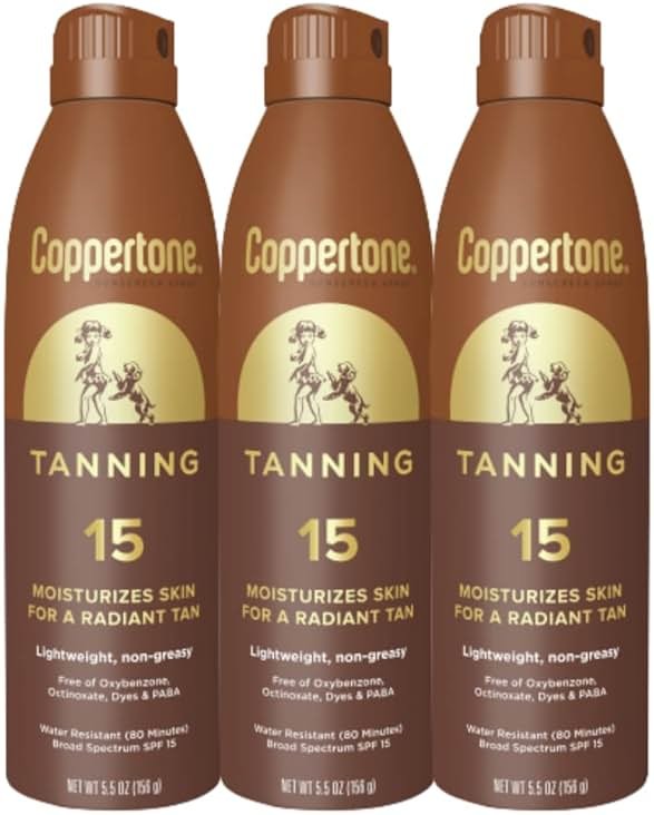 Coppertone Tanning Sunscreen Spray with Broad Spectrum SPF 15, Water Resistant Spray Sunscreen, Lightweight and Non-Greasy, 5.5 Oz, Pack of 3 - Product Image