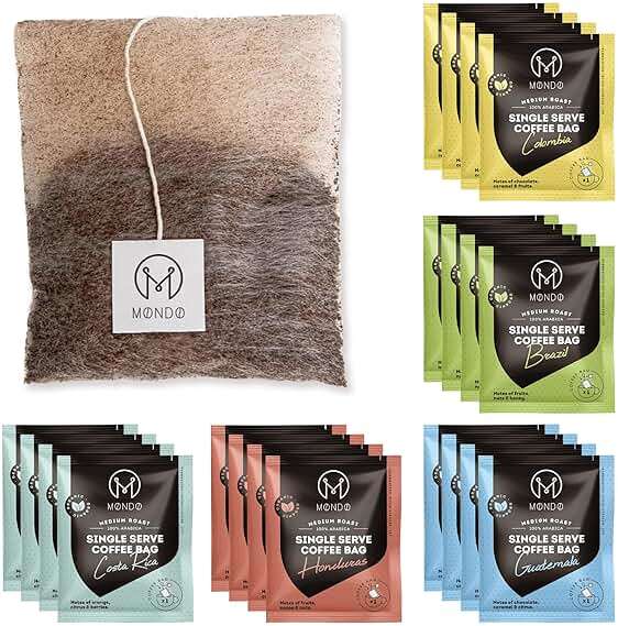 Mondo Single Serve Coffee Bags (20 Cups) Variety Pack - Organic, Medium Roast - Disposable, Portable Coffee Filters for Camping and Travel, Sampler Box of 5 Ground Coffee Flavors - Image 1