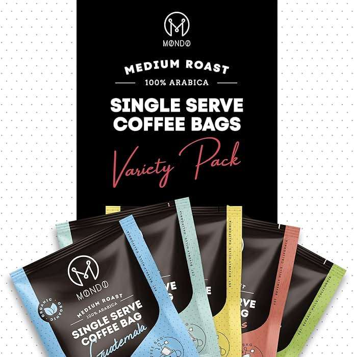 Mondo Single Serve Coffee Bags (20 Cups) Variety Pack - Organic, Medium Roast - Disposable, Portable Coffee Filters for Camping and Travel, Sampler Box of 5 Ground Coffee Flavors - Image 2