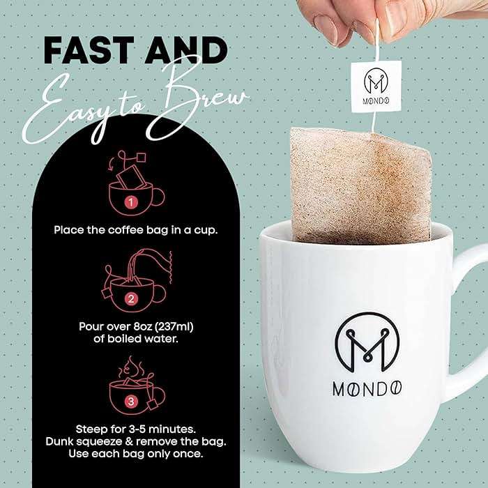Mondo Single Serve Coffee Bags (20 Cups) Variety Pack - Organic, Medium Roast - Disposable, Portable Coffee Filters for Camping and Travel, Sampler Box of 5 Ground Coffee Flavors - Image 4