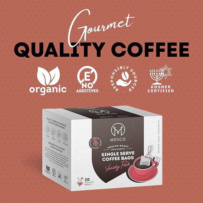 Mondo Single Serve Coffee Bags (20 Cups) Variety Pack - Organic, Medium Roast - Disposable, Portable Coffee Filters for Camping and Travel, Sampler Box of 5 Ground Coffee Flavors - Image 6