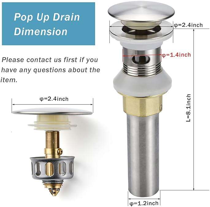 Rockgoya Bathroom Sink Drain,Drain Stopper Bathroom Sink with Overflow,Pop Up Drain Assembly with Detachable Strainer Basket,Built-in Anti-Clogging Strainer,Stainless Steel Brushed Nickel - Image 2