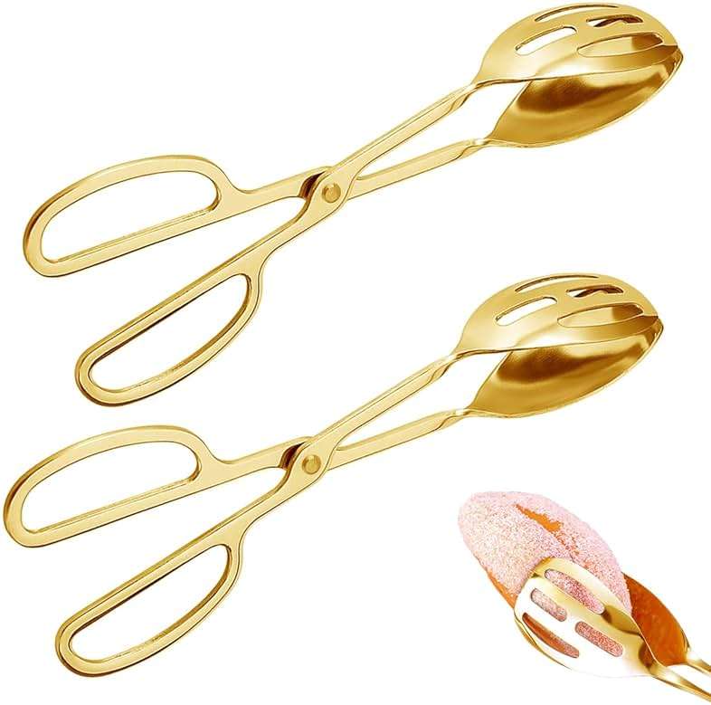 IAXSEE 2 Pieces Buffet Salad Tongs for Kitchen Serving and Cooking, Stainless Steel Food Scissor Tongs, Catering Utensil for Bread Cake Bake Steak Barbecue (Gold) - Image 1
