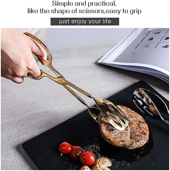 IAXSEE 2 Pieces Buffet Salad Tongs for Kitchen Serving and Cooking, Stainless Steel Food Scissor Tongs, Catering Utensil for Bread Cake Bake Steak Barbecue (Gold) - Image 3