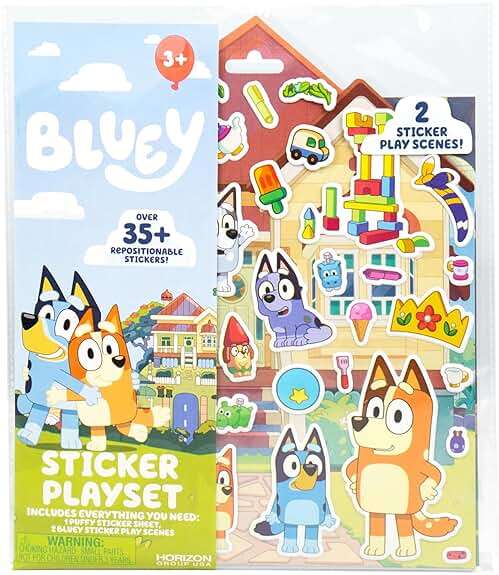 Horizon Group USA Bluey Sticker Playset, 2 Sticker Play Scenes, 35+ Reusable Puffy Bluey Repositionable Stickers for Kids, Perfect for Travel, Screen-Free Fun - Image 1