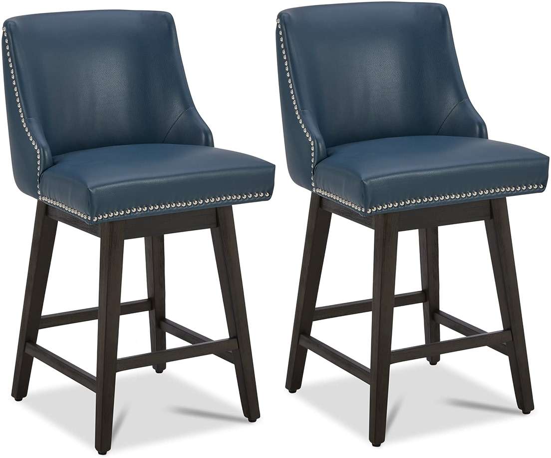 CHITA Counter Height Swivel Bar Stools Set of 2, FSC Certified Upholstered Counter Stools, Modern Swivel Barstools with Wood Legs for Kitchen Island, 26" Seat Height, Faux Leather in Blue - Image 1