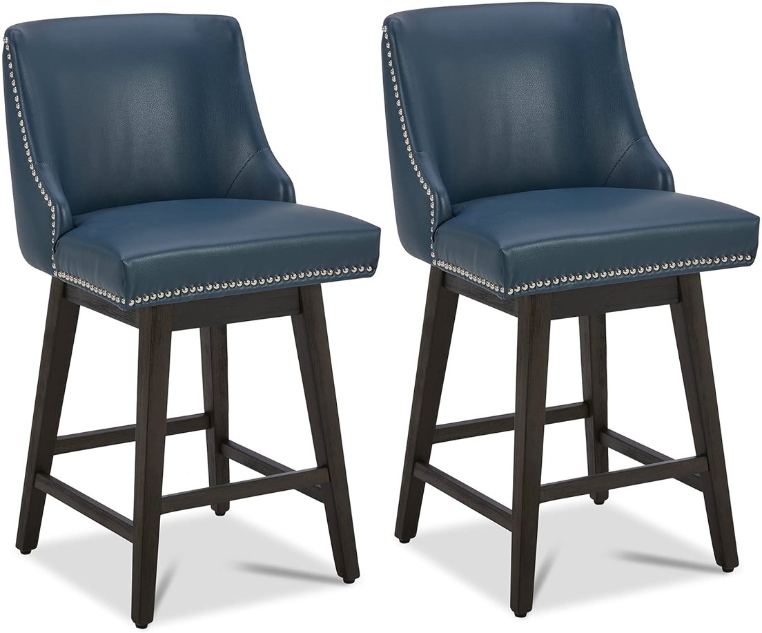 CHITA Counter Height Swivel Bar Stools Set of 2, FSC Certified Upholstered Counter Stools, Modern Swivel Barstools with Wood Legs for Kitchen Island, 26" Seat Height, Faux Leather in Blue - Product Image