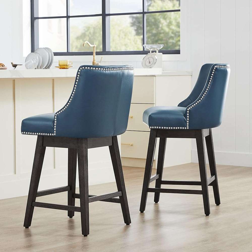 CHITA Counter Height Swivel Bar Stools Set of 2, FSC Certified Upholstered Counter Stools, Modern Swivel Barstools with Wood Legs for Kitchen Island, 26" Seat Height, Faux Leather in Blue - Image 2