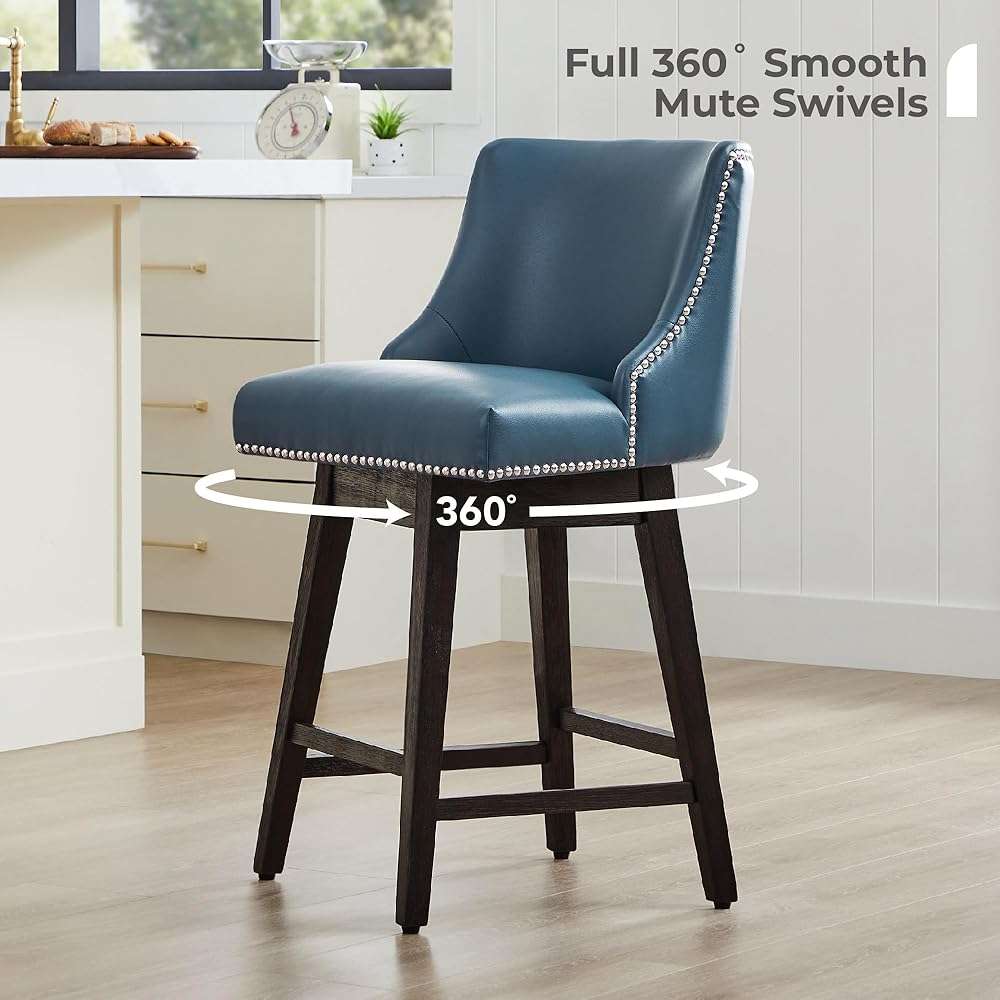 CHITA Counter Height Swivel Bar Stools Set of 2, FSC Certified Upholstered Counter Stools, Modern Swivel Barstools with Wood Legs for Kitchen Island, 26" Seat Height, Faux Leather in Blue - Image 4