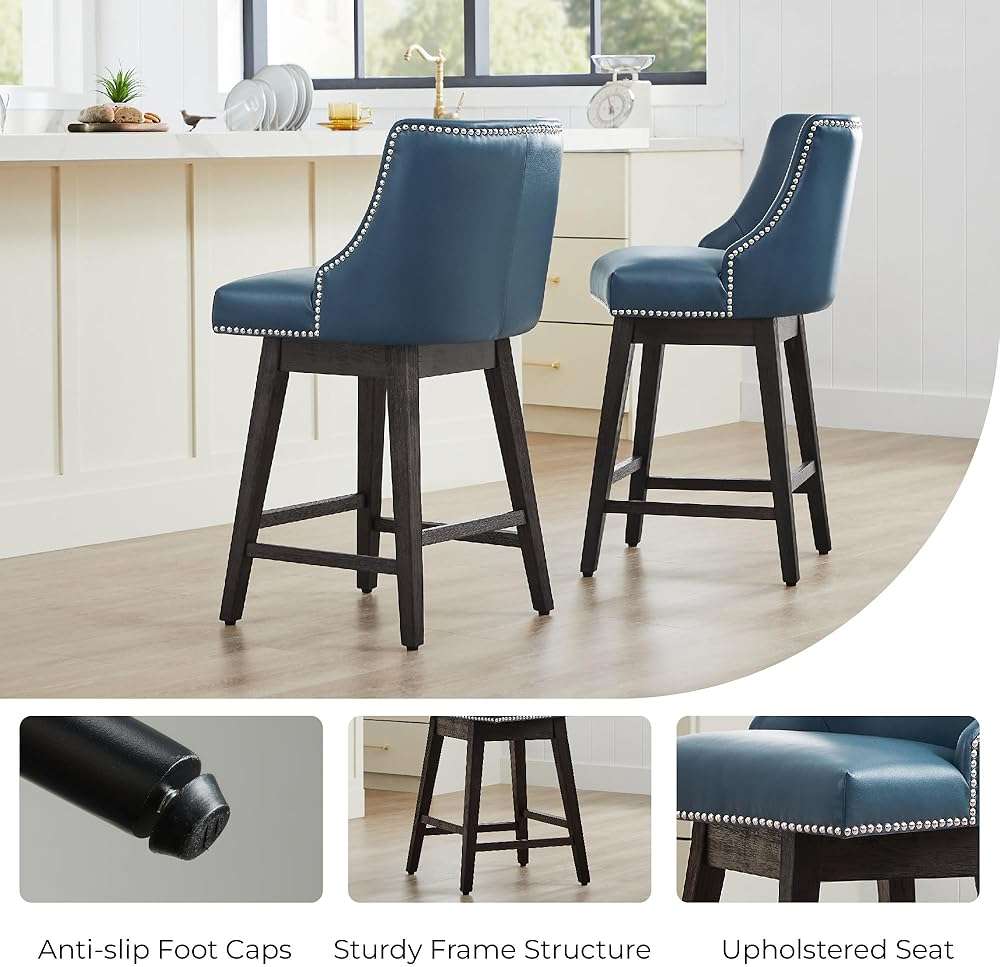 CHITA Counter Height Swivel Bar Stools Set of 2, FSC Certified Upholstered Counter Stools, Modern Swivel Barstools with Wood Legs for Kitchen Island, 26" Seat Height, Faux Leather in Blue - Image 5