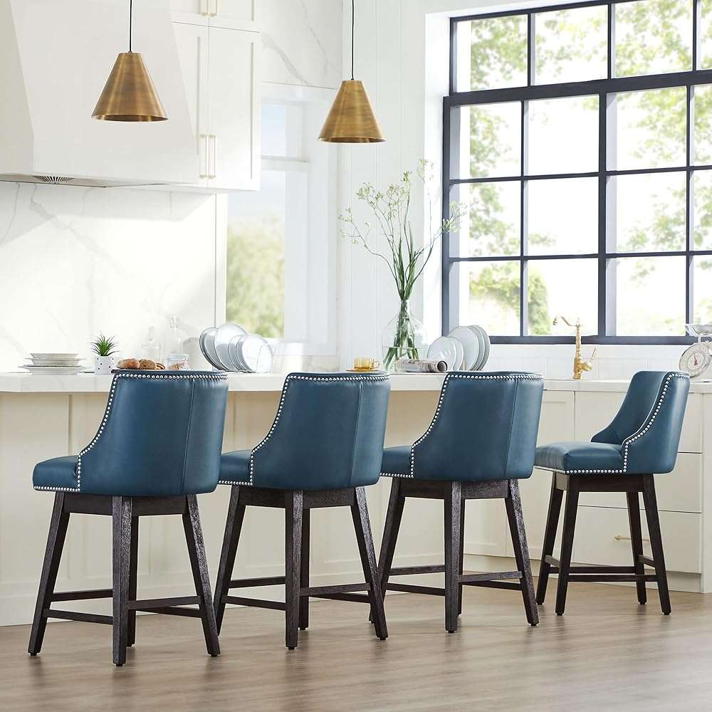 CHITA Counter Height Swivel Bar Stools Set of 2, FSC Certified Upholstered Counter Stools, Modern Swivel Barstools with Wood Legs for Kitchen Island, 26" Seat Height, Faux Leather in Blue - Image 7